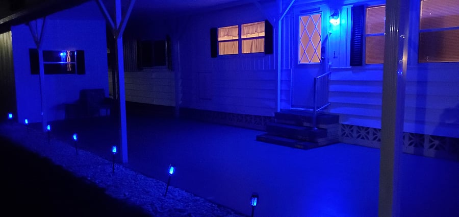 Nicely lit for sitting or coming/going at night. 3 steps to enter home. No stairs in home.