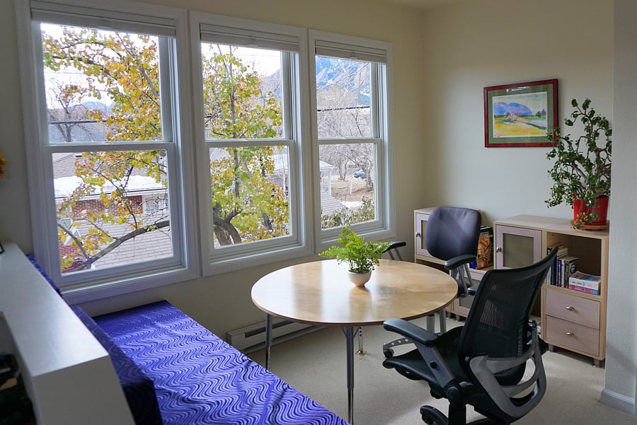 Office coffee table becomes a work table (chair height) when needed.