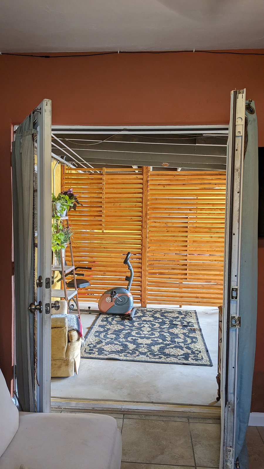 Looking out the front French doors - and the exercise bike