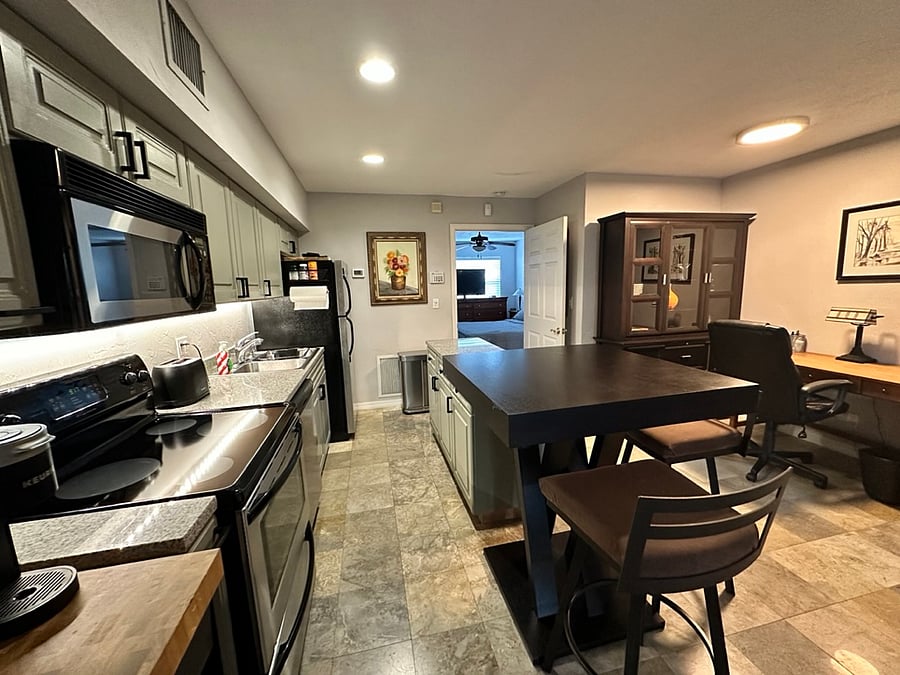 Kitchen and dining high top table
Desk for laptop work area