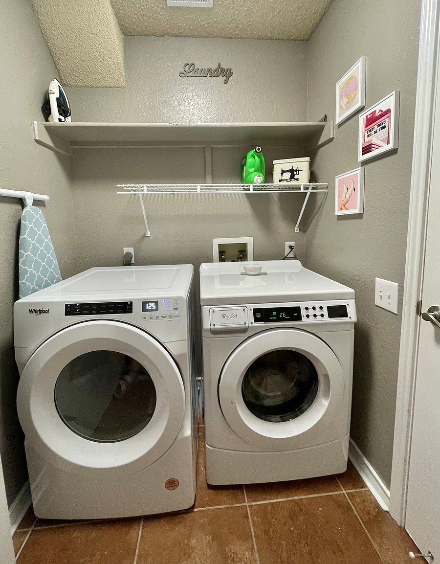 Washer, dryer, full-size ironing board, iron, sewing repair kit
