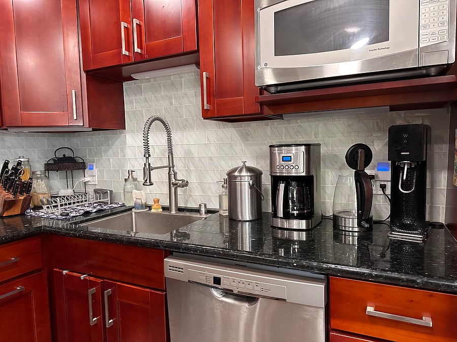 Kitchen has soda stream, hot water kettle, coffee is made daily.
