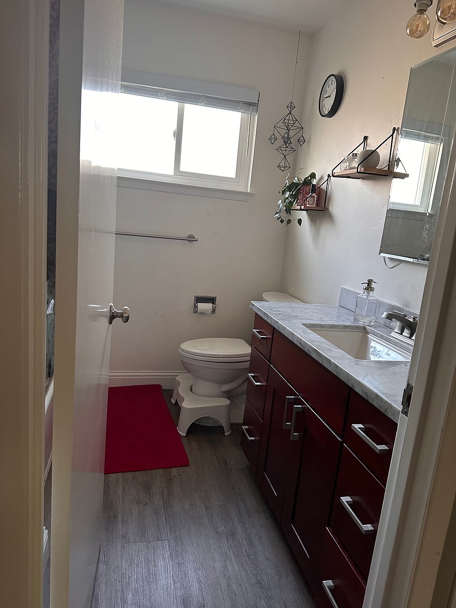 One bathroom to share with a shower over tub. Two drawers and one side of medicine cabinet is empty for your items.