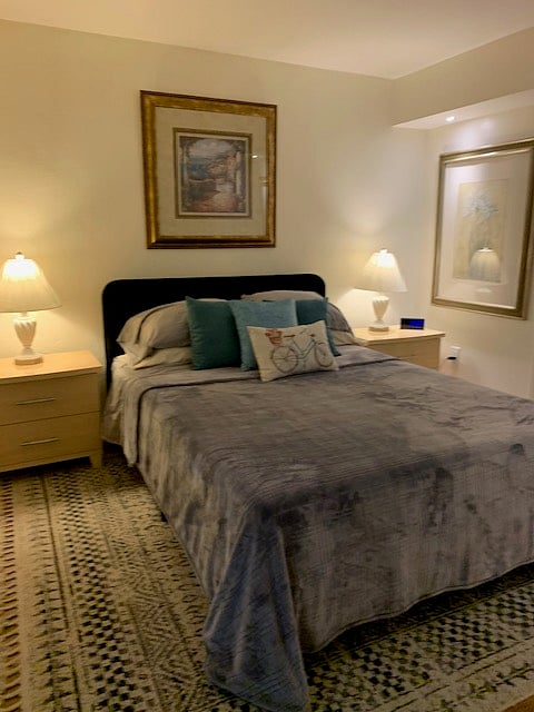 Bedroom with downlighting and double closet.
