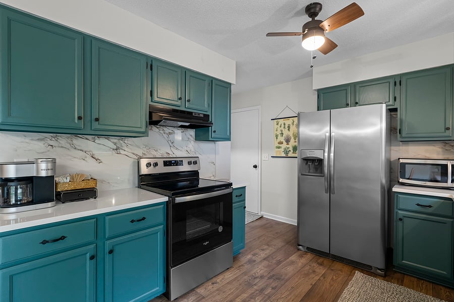 Kitchen includes, oven and stove top, microwave, full fridge, Keurig & drip coffee machine with starter coffee and fixings, and waffle maker with starter mix and toppings.