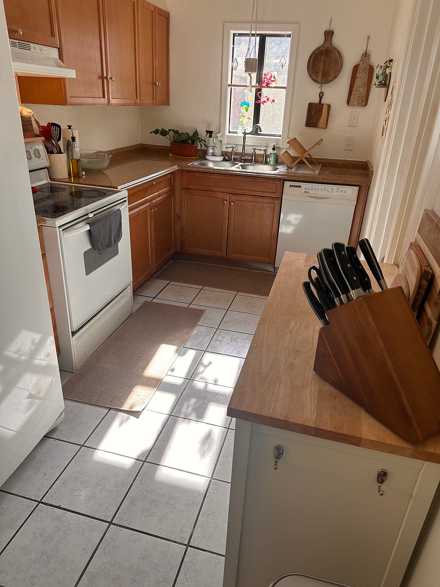 Kitchen equipped with full oven/stove, dishwasher, full sink, coffee maker, full refrigerator, microwave, and basic kitchen supplies