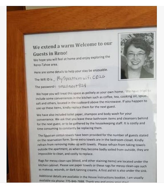 Guest Welcome letter. My spectrum wifi. Password is "smallnest929"