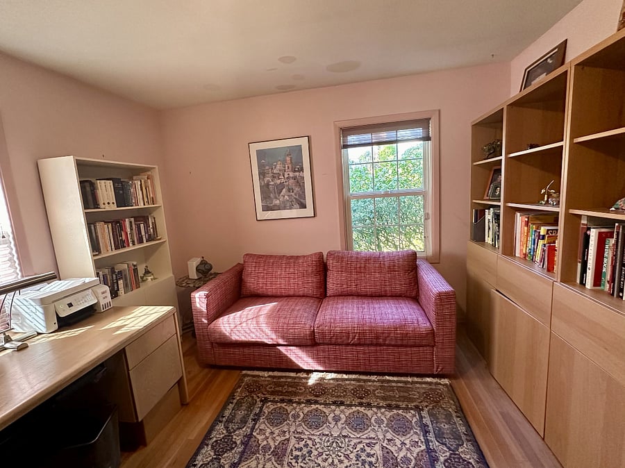 Office/Den with sofa bed, desk, and bookshelves/storage