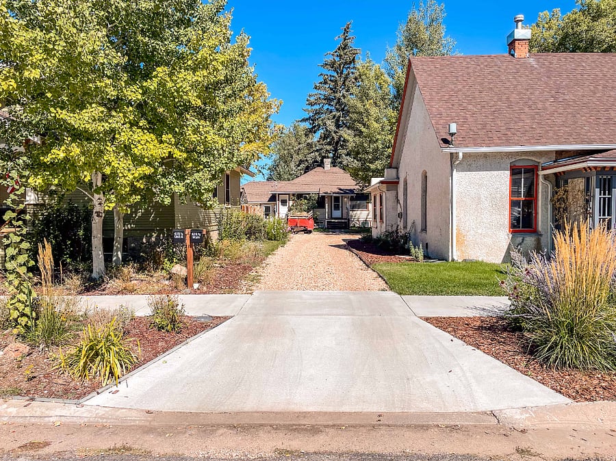 The long driveway, with your parking spot on the right. An additional vehicle can be double-parked.
