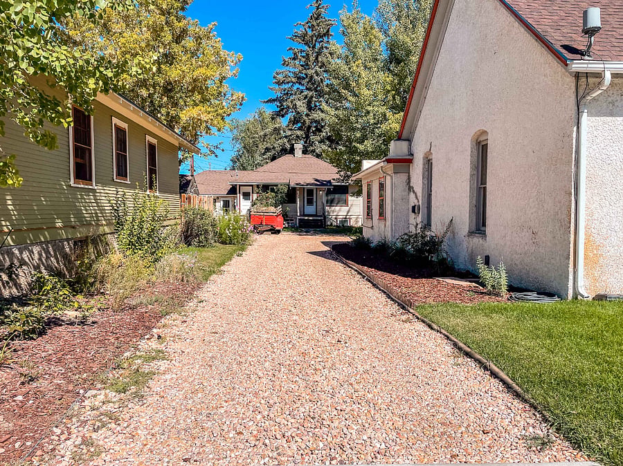 The long driveway, with your parking spot on the right. An additional vehicle can be double-parked.
