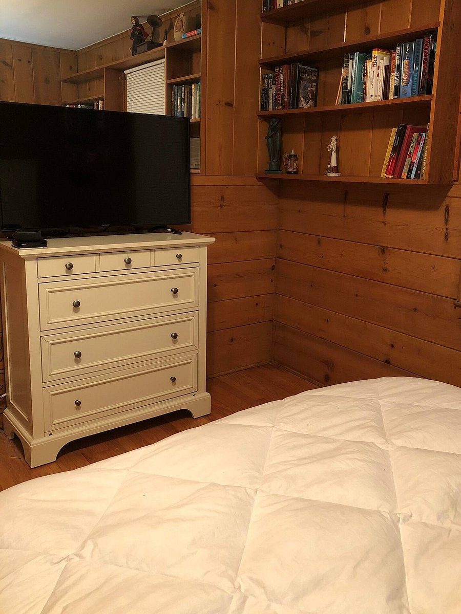 Knotty Pine bedroom.