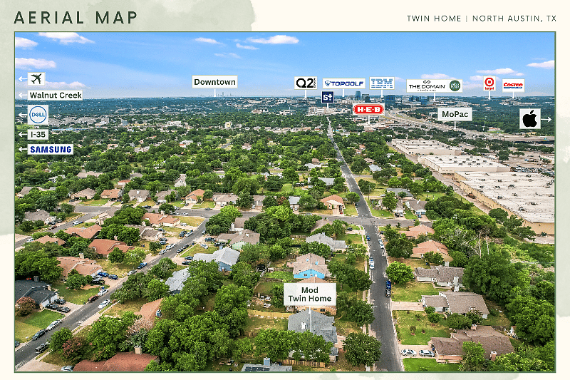An aerial view of the home and some of the close by amenities.