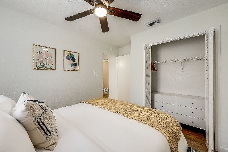 2nd bedroom with closet, dresser and hamper for your long stay needs.