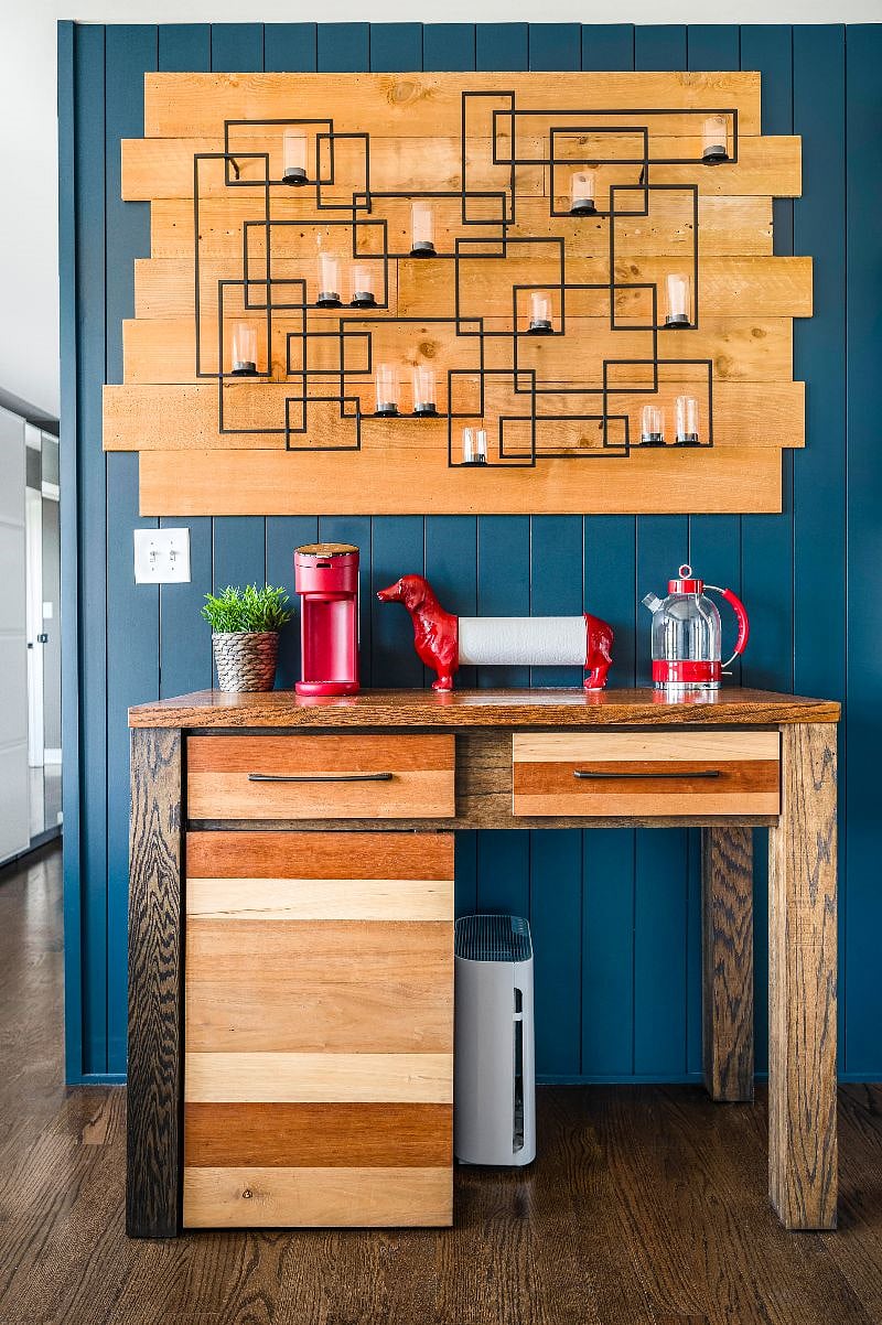 Custom-built exotic hardwood coffee bar with hot water kettle, Keurig coffee machine, romantic metal candle accent (extra tealight candles provided!), and plenty of supplies to enjoy a relaxing stay.
