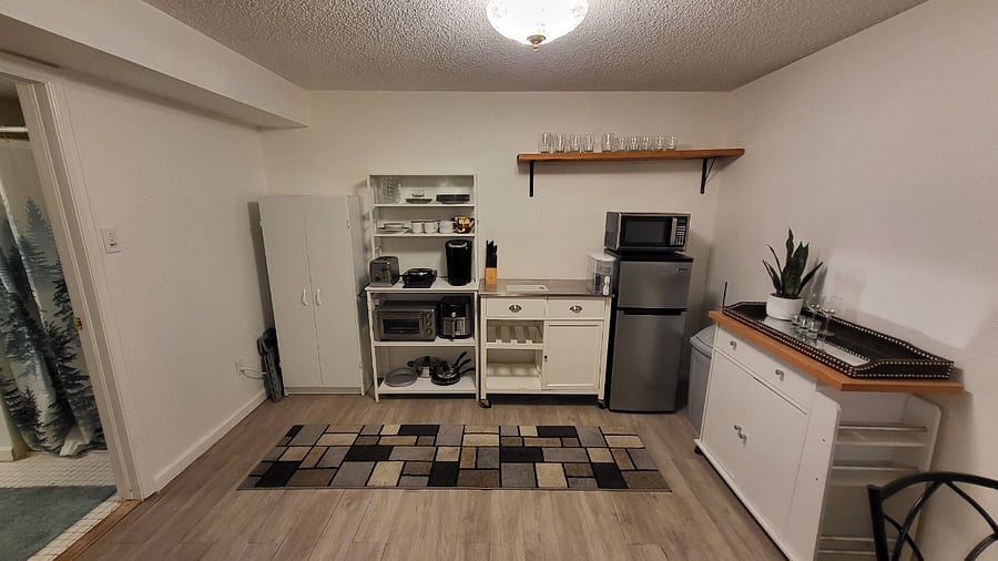 Basement living space (Current arrangement of furniture may vary).