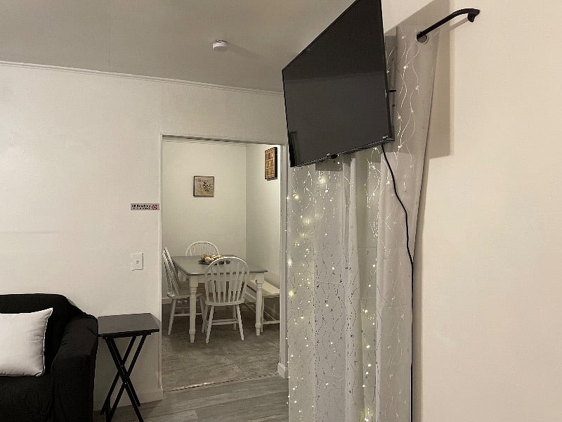 LED lights with several patterns and speeds with curtain covering the additional storage area for coats