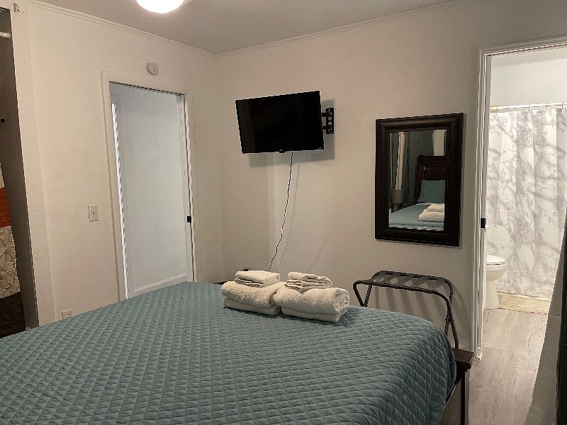 Master Bedroom with a USB lamp on both sides of the bed, smart TV, luggage rack, Two drawers built into the bed, and three built-in drawers at the bottom of the closet, hangers provided in the giant closet as well. Private ensuite full bathroom.