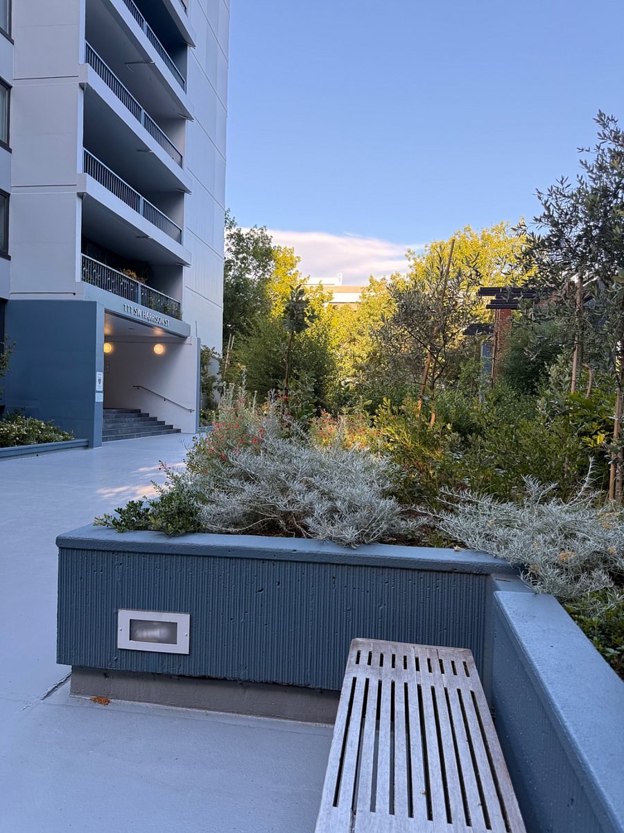 Plaza of plants and benches around the building