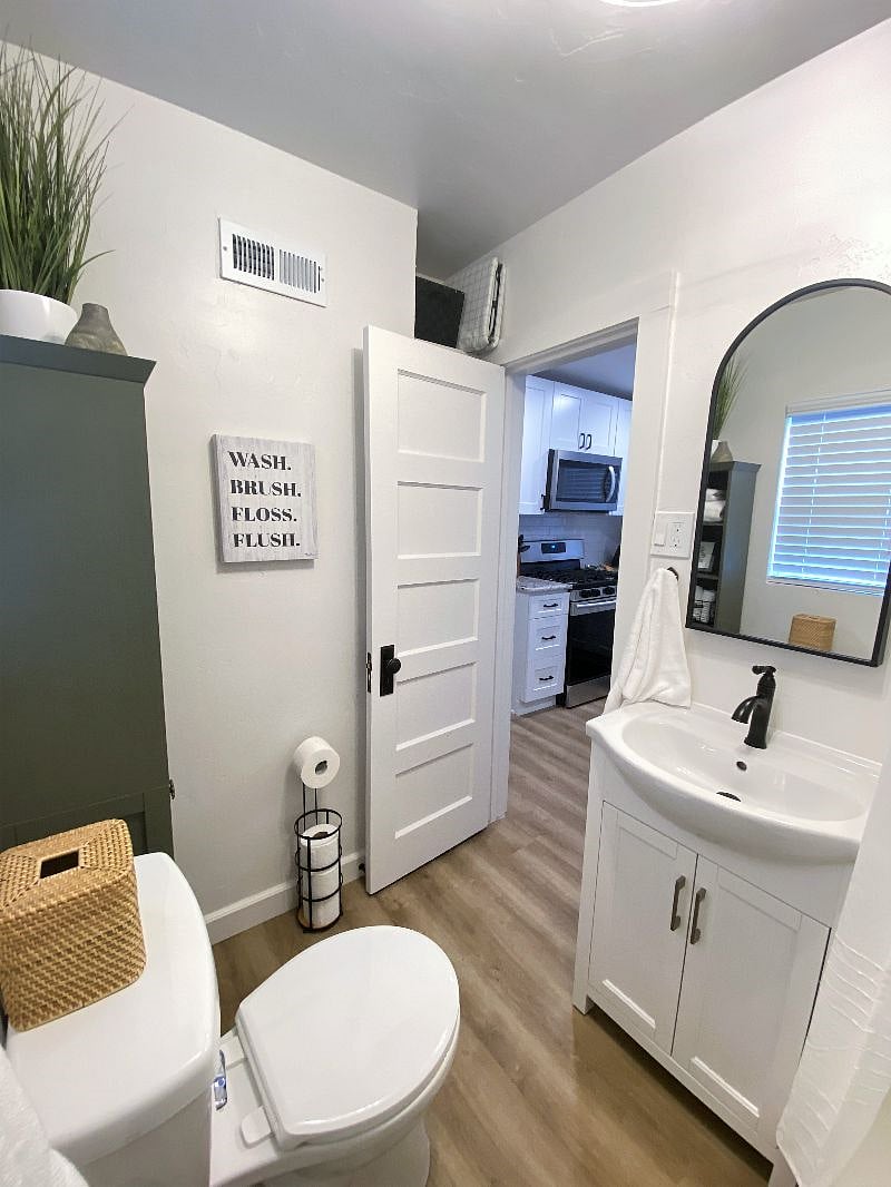 Adequate bathroom storage is available for your personal items, in addition to the provided starter toiletries, laundry basics, and cleaning supplies.