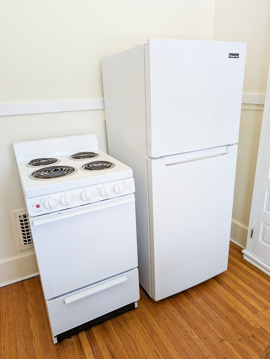 Stove and fridge/freezer.