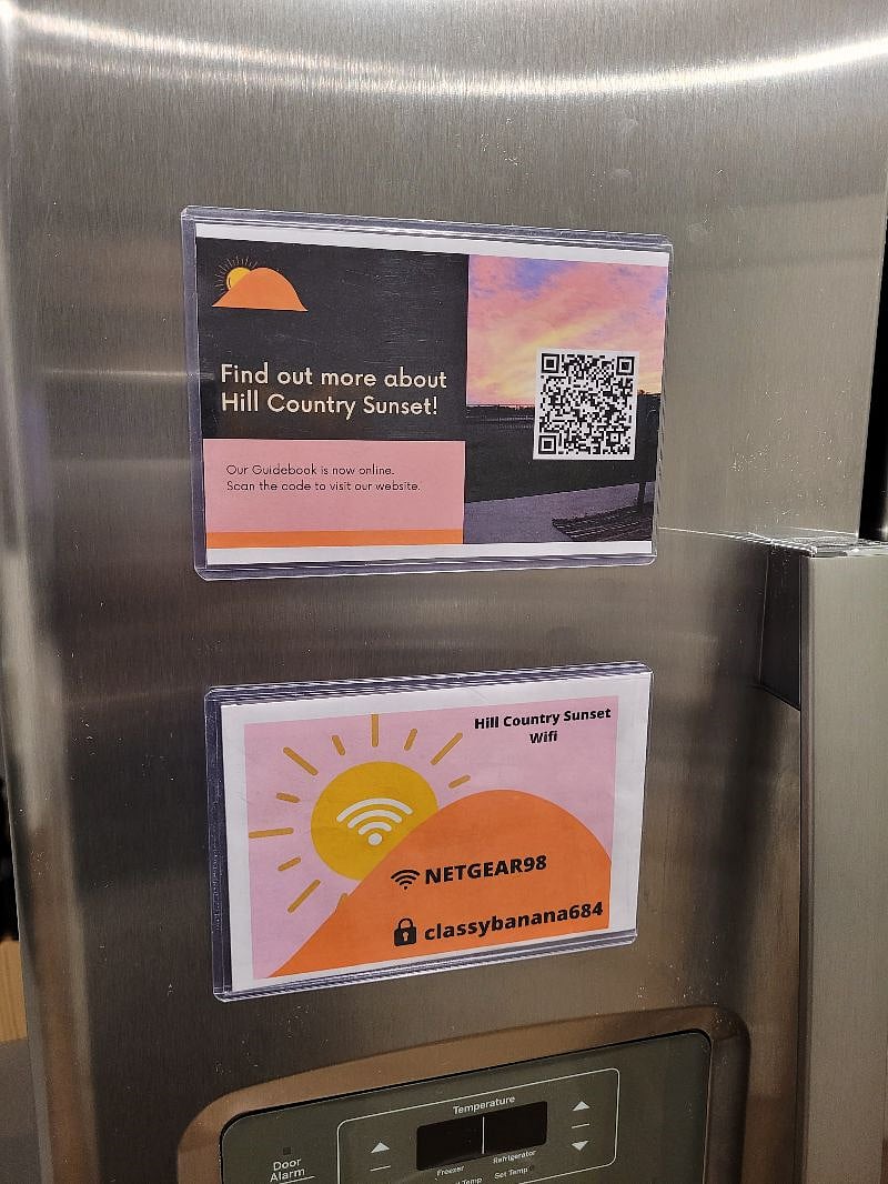 The Wifi code and guest book are posted on the refrigerator .