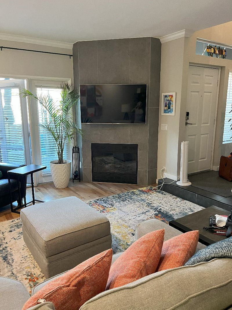 Living area, large flatscreen TV, full streaming capabilities, working fireplace.