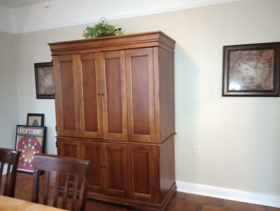 Large Armoire for Remote Workers, with Built In Desk with Computer nitche, sliding keyboard tray & file drawers.
