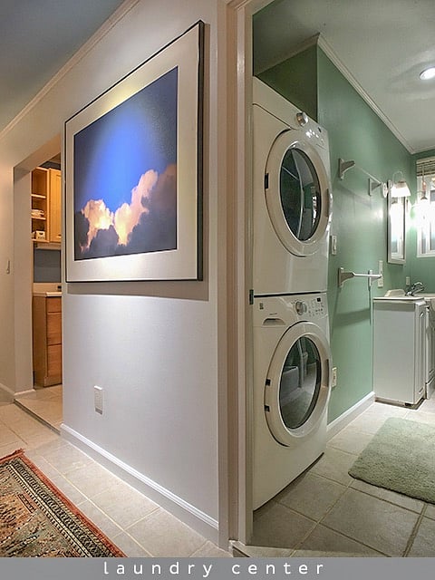 BIG stack washer/dryer in Bathroom.