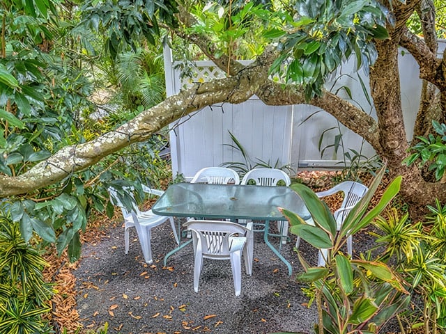 Private outdoor table and seating under the lychee tree. Always shady, and a good spot for your mobile office.