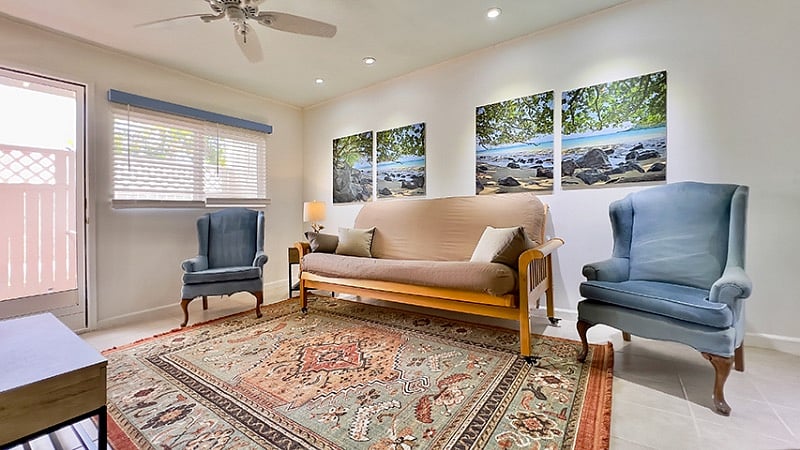 a queen size futon makes a comfy spot to catch a quick nap or stream the latest on the 55' Roku TV. The end table with  lamp contains a handy drawer (where's the remote?) and lift panel to access usb charging.