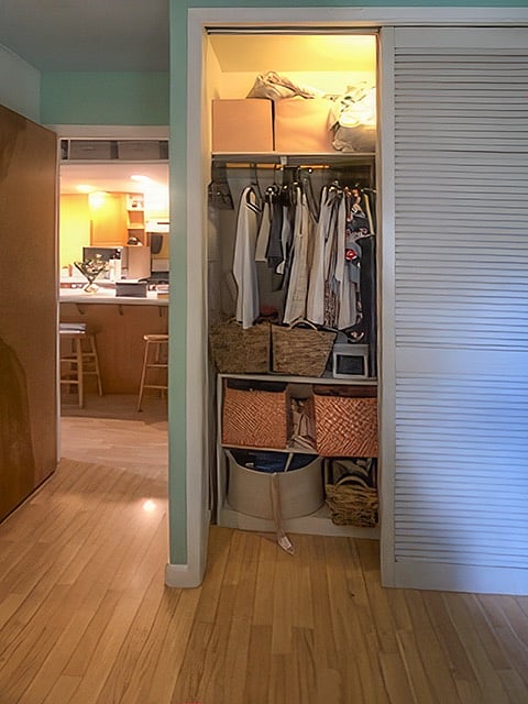 the bedroom sports a 5 foot closet with louvered bypass doors, and a comfortable queen bed.