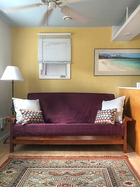 expecting a guest? a full size futon offers a spare bed as well as comfortable seating.