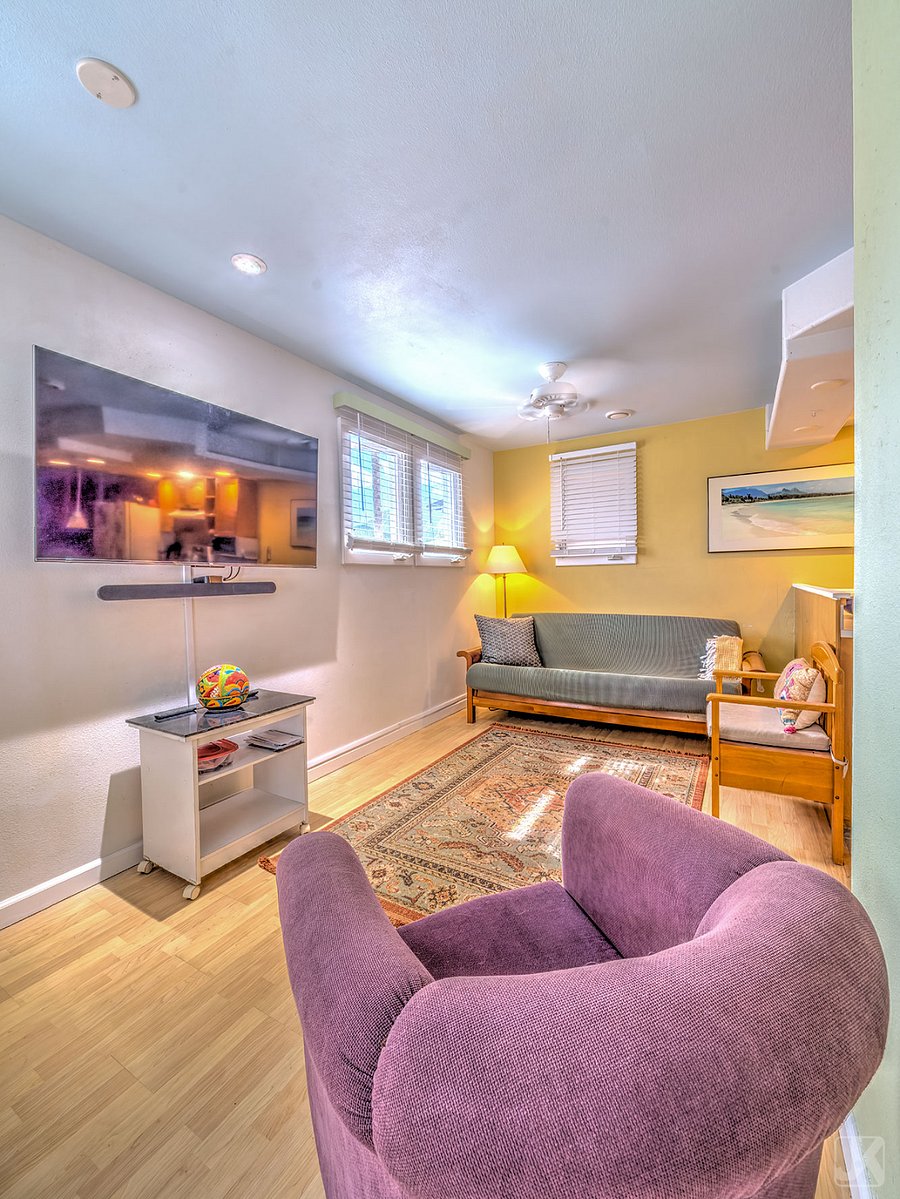 A large Roku television and soundbar give entertainment options - steam from your favorite channels and connect your music source by Bluetooth.
