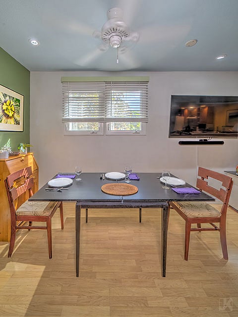 the dining table opens to double it's size.