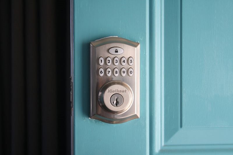 Exterior door with code lock.