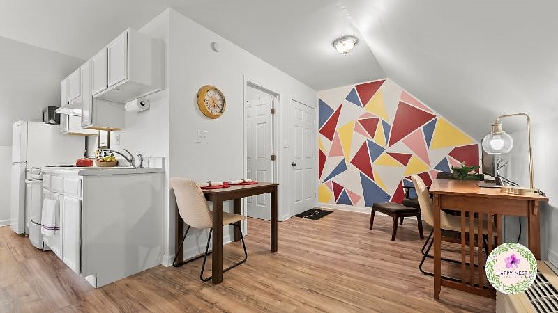 A fun accent wall adds to this space.