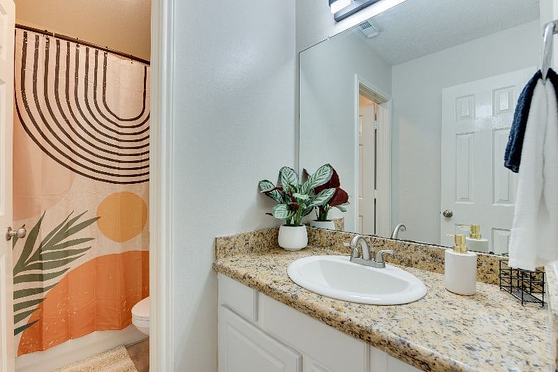 Guest bathroom. Full size tub/shower combo.