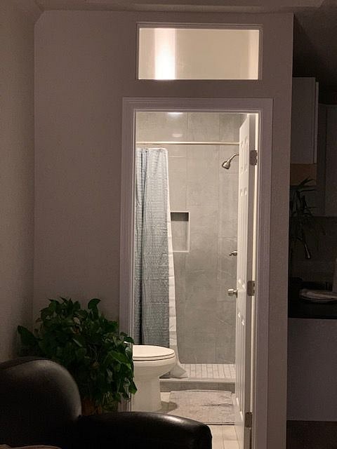 Spacious brand new bathroom.  Towels and basic toiletries are provided.