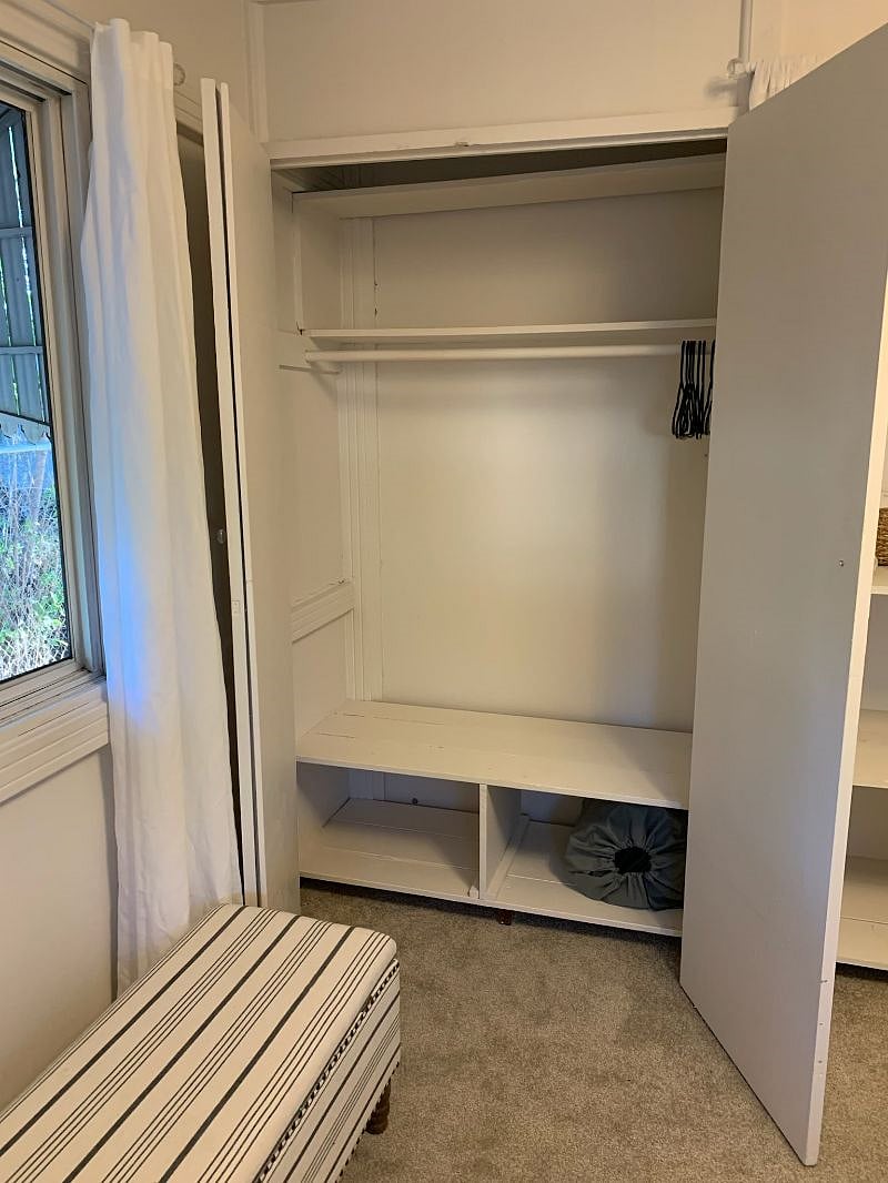 1st bedroom Closet.  Queen Size Airbed available.  Can take one of the mattresses off bed closest to bathroom if need to put on top of the air mattress