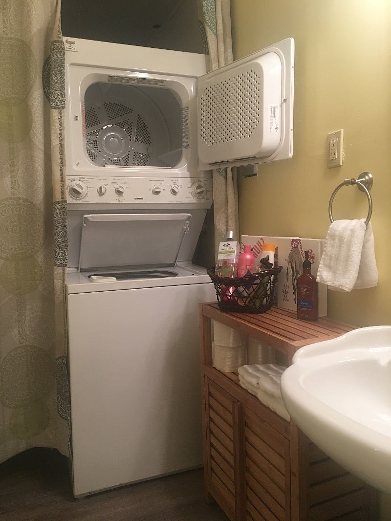 Washer/dryer located in the bathroom. We include enough washer pods to get you through the first couple weeks.  At least.