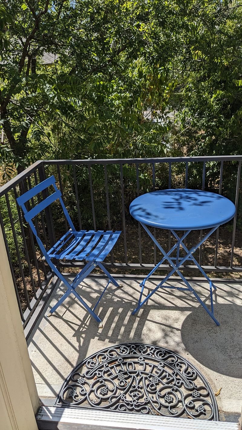 World's 2nd smallest patio at the entryway. Fully shaded in the morning but not in the evening.