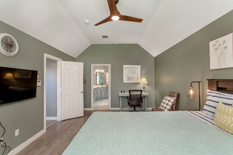 Spacious master-King bed, offers a additional area for a writing desk (#1), leather recliner added for TV watching (not shown in photo). Vizio Smart TV. Minka ceiling fan available.