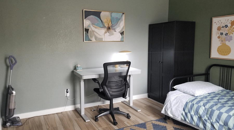 Front bedroom Or Study (#4) with Costco Adjustable Desk (#3) - Ikea FYRESDAL daybed, which can be pulled out to create a double bed