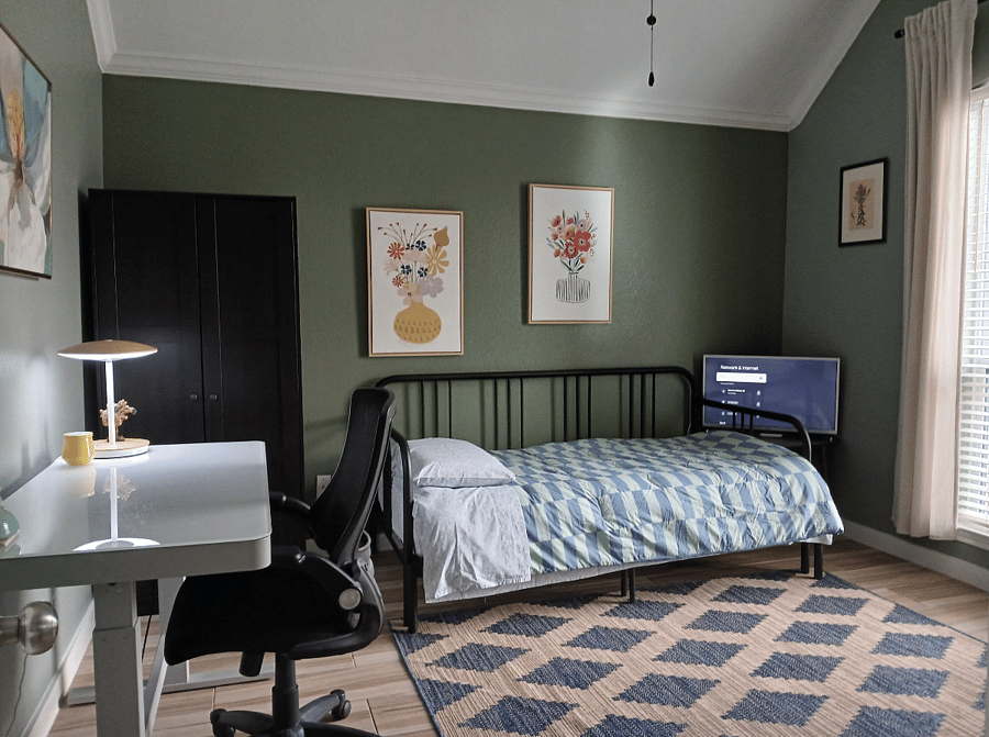 Front bedroom Or Study (#4) with Costco Adjustable Desk (#3) - Ikea FYRESDAL daybed, which can be pulled out to create a double bed & low bed frame for EZ access