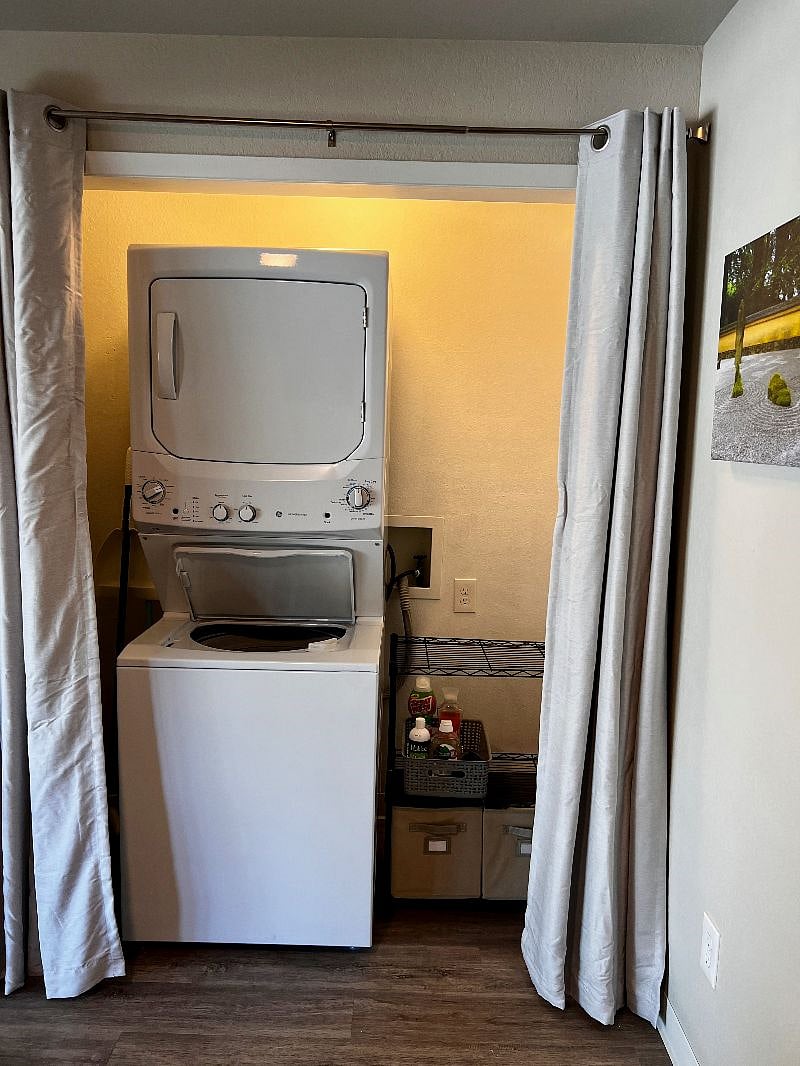 Small laundry set on-site and speedy laundromat nearby for larger items.