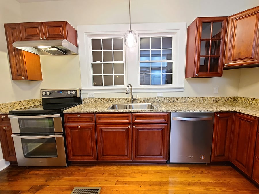 Kitchen with stainless steel appliances.