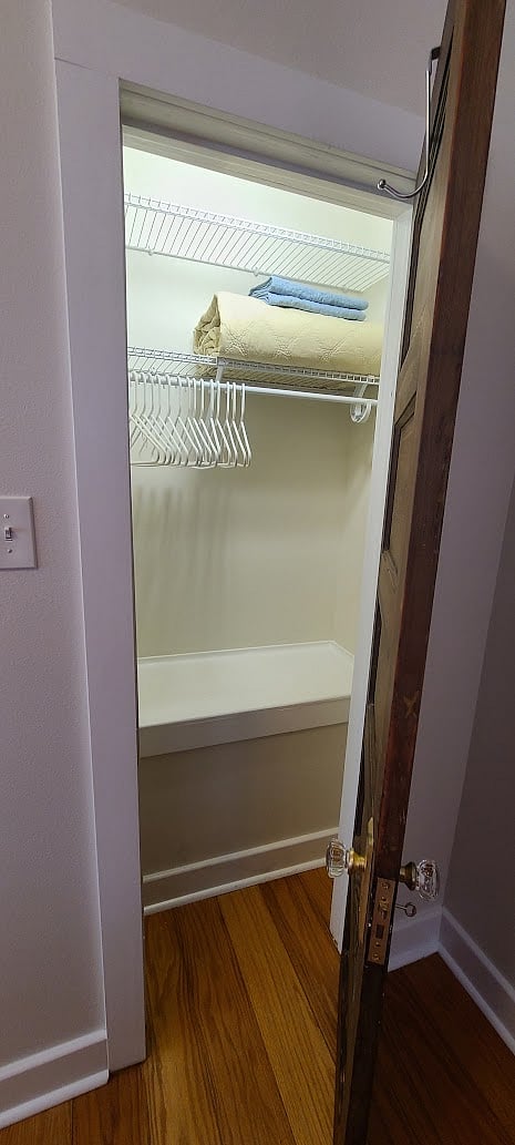 King bedroom closet with lighting and adjustable shelving.