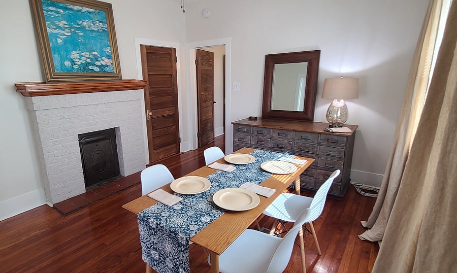 Dining room with architectural detail.
Fireplace is not operational.