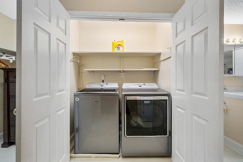 Full size Maytag washer, and dryer along with storage area. Travel, size ironing, board and iron will be provided anTravel, size ironing, board and iron will be provided along with initial cleaning products.