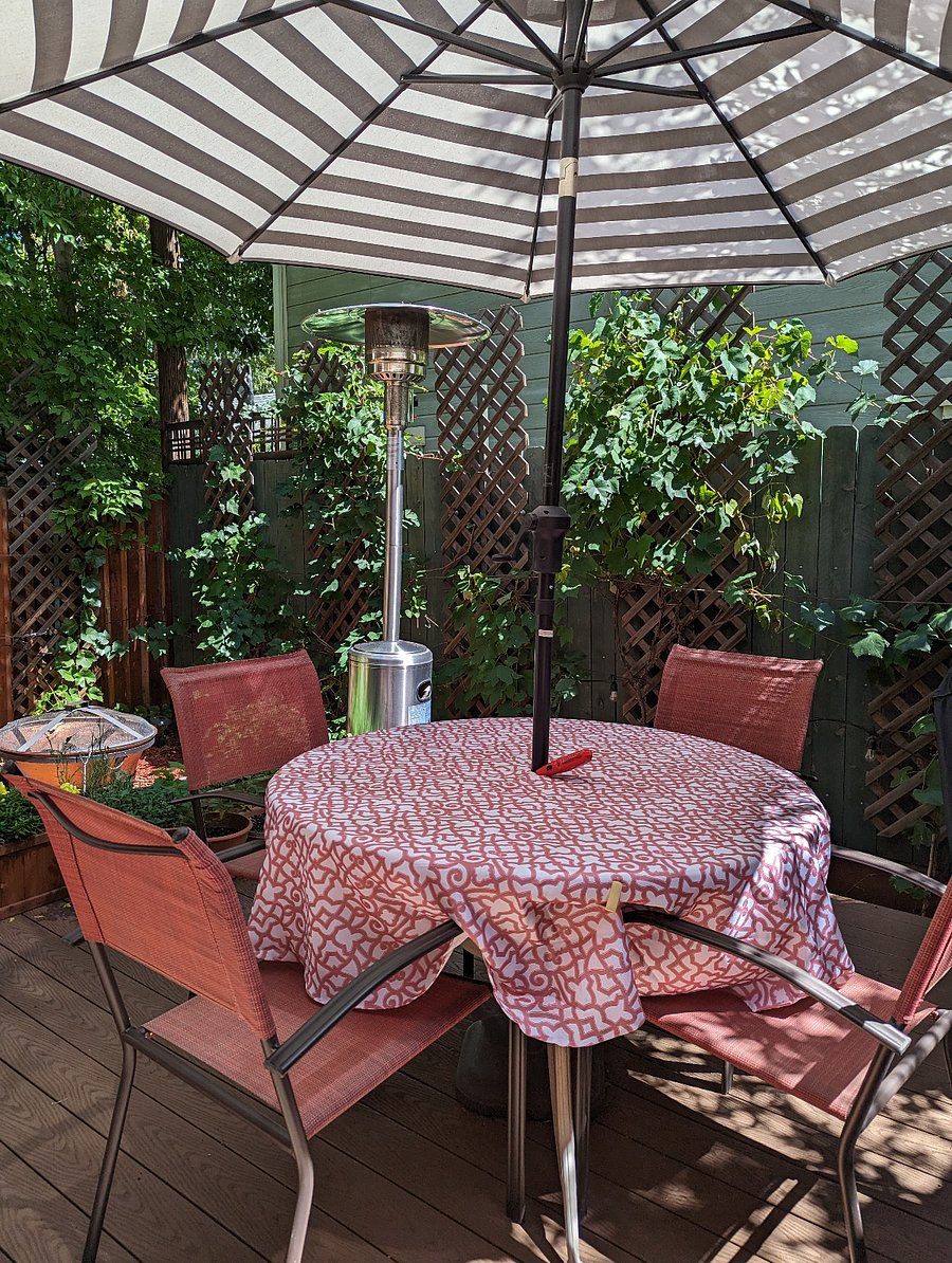 East Garden Patio Table with Umbrella - deck with Gas BBQ